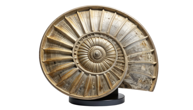 Fossil ammonite shell exhibit on transparent background