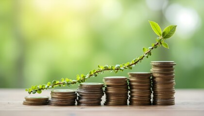 Green arrow made of plants growing over coin stacks representing sustainable financial growth