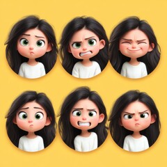 Expressions of a young girl showing various emotions against a bright yellow background