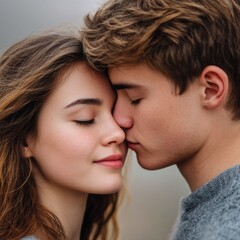 Couple sharing a tender moment in an outdoor setting during a misty afternoon