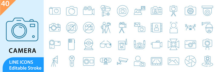 Camera line editable icon set. Set icon about camera and photograph. Editable stroke. Vector illustration