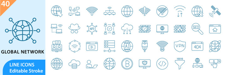 Global Network line editable icon set. Global networking icon set. Editable stroke. Vector illustration