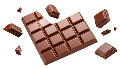 Bitten milk chocolate bar with broken chunks scattered around, isolated on white background, perfect for dessert, sweet snack, and confectionery concepts cut out isolated Transparent PNG Elements