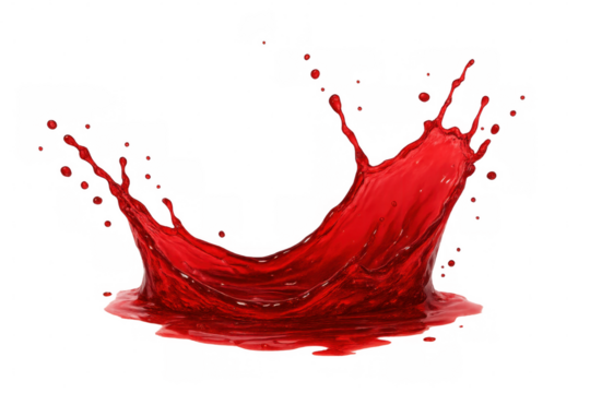 Vivid crimson liquid splashing, generating dynamic arc with transparent backdrop, highlighting fluid motion and energetic visual impact