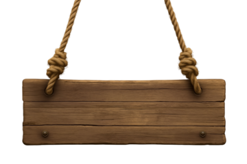Weathered wooden sign suspended from ropes, ready for custom messaging against transparent backdrop