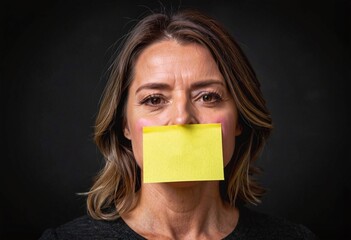 Naklejka premium A middle-aged woman with a Post-it note covering her mouth on a dark background with copy space