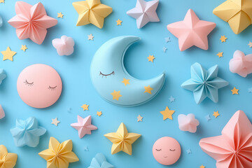 Fototapeta premium Crescent surrounded by stars and crescents on a blue background.
