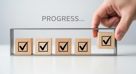Checklist and task progress tracking concept. A hand placing the final checkmark on wooden blocks in a progress bar, task completion, productivity, goal setting, and efficient project management. 