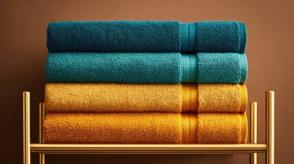 Stacked colorful towels on a shelf.