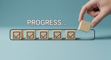 Checklist and task progress tracking concept. A hand placing the final checkmark on wooden blocks in a progress bar, task completion, productivity, goal setting, and efficient project management. 