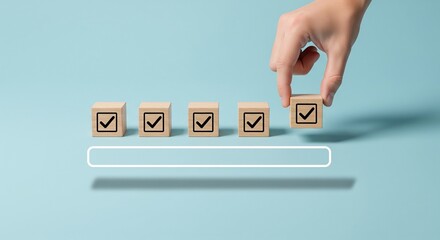 Checklist and task progress tracking concept. A hand placing the final checkmark on wooden blocks in a progress bar, task completion, productivity, goal setting, and efficient project management. 