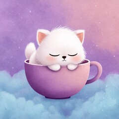Cute white kitten relaxing in a purple cup against a dreamy, colorful background