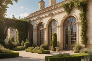 Obraz premium The historic mansion shines with a manicured garden under the colorful sunset horizon.