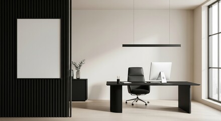  Modern office interior with computer desk, vertical slats and blank poster on wall, bright window view and minimal workspace concept. 3D Rendering 