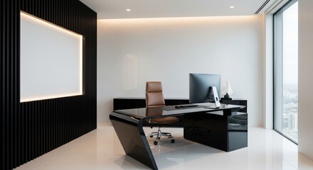  Modern office interior with computer desk, vertical slats and blank poster on wall, bright window view and minimal workspace concept. 3D Rendering 