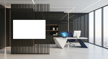  Modern office interior with computer desk, vertical slats and blank poster on wall, bright window view and minimal workspace concept. 3D Rendering 