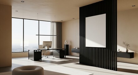  Modern office interior with computer desk, vertical slats and blank poster on wall, bright window view and minimal workspace concept. 3D Rendering 