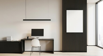  Modern office interior with computer desk, vertical slats and blank poster on wall, bright window view and minimal workspace concept. 3D Rendering 