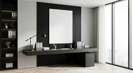  Modern office interior with computer desk, vertical slats and blank poster on wall, bright window view and minimal workspace concept. 3D Rendering 