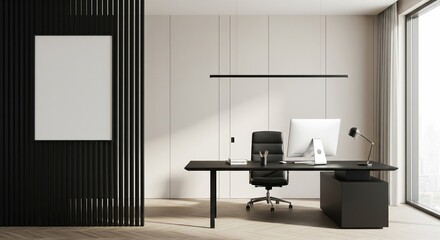  Modern office interior with computer desk, vertical slats and blank poster on wall, bright window view and minimal workspace concept. 3D Rendering 