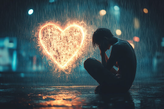 a lonely person sitting in the rain holding his head looks like he is heartbroken