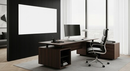  Modern office interior with computer desk, vertical slats and blank poster on wall, bright window view and minimal workspace concept. 3D Rendering 