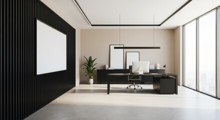  Modern office interior with computer desk, vertical slats and blank poster on wall, bright window view and minimal workspace concept. 3D Rendering 