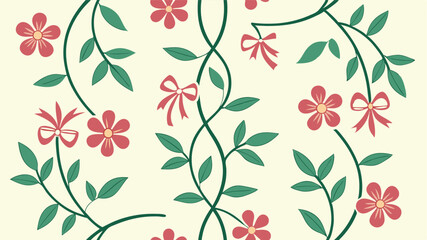 Fototapeta premium Hand drawn vector seamless floral pattern with flowers ribbons and leaves on transparent background
