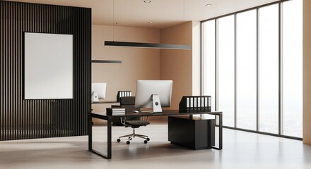  Modern office interior with computer desk, vertical slats and blank poster on wall, bright window view and minimal workspace concept. 3D Rendering 