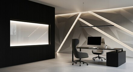  Modern office interior with computer desk, vertical slats and blank poster on wall, bright window view and minimal workspace concept. 3D Rendering 