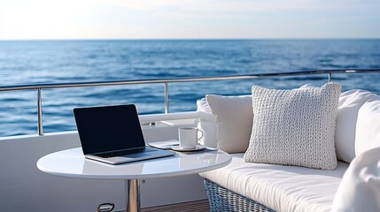 Remote business meeting setup on modern yacht deck, laptop and coffee, ocean view, bright daylight