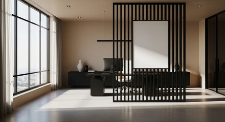  Modern office interior with computer desk, vertical slats and blank poster on wall, bright window view and minimal workspace concept. 3D Rendering 