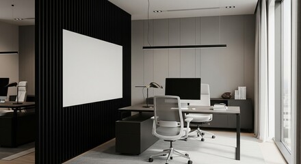  Modern office interior with computer desk, vertical slats and blank poster on wall, bright window view and minimal workspace concept. 3D Rendering 