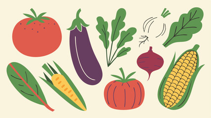 Hand drawn vegetables illustration collection featuring tomato eggplant corn beet and other healthy foods