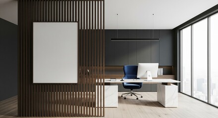  Modern office interior with computer desk, vertical slats and blank poster on wall, bright window view and minimal workspace concept. 3D Rendering 