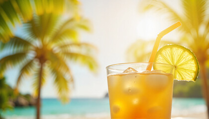 Refreshing tropical drink with lime on a beach with palm trees  