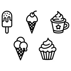 Dessert and Ice Cream Line Icons Vector Set of Popsicle Cone Cupcake and Hot Drink

