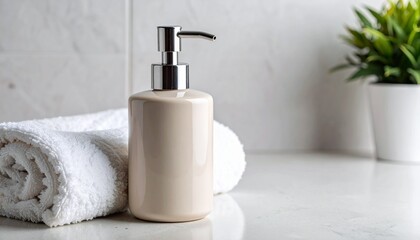 Clean close-up of a soap dispenser and towel on sink counter. Ideal for bathroom, hygiene, wellness, or hospitality visuals.