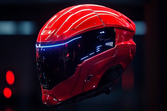 Futuristic red motorcycle helmet with LED visor lights in a dark sci-fi environment - Powered by Adobe