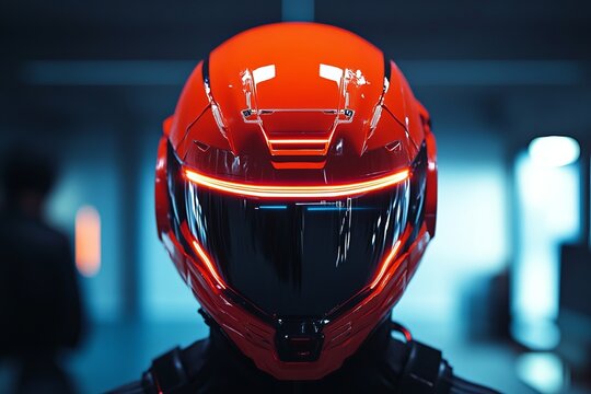 Futuristic red motorcycle helmet with LED visor lights in a dark sci-fi environment