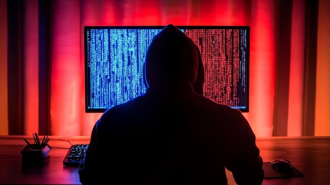 Silhouette of hacker at computer with streaming code, red and blue lighting, cybersecurity threat concept