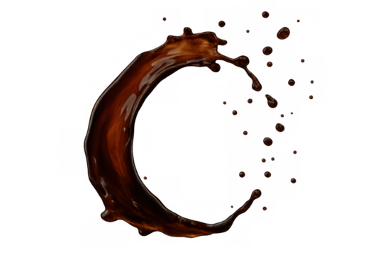 Coffee splash forming a circle with drops, isolated on transparent background, ideal for compositing