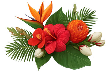 Obraz premium Colorful tropical bouquet featuring hibiscus, protea, bird of paradise, and anthurium flowers with lush green leaves, isolated on a transparent background