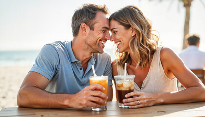 Young couple sharing drinks and smiling at beachside cafe