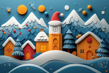 Santa Claus in a paper art Christmas scene.