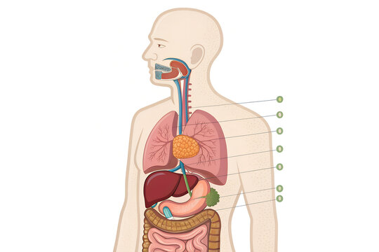Illustration of human anatomy showing internal organs and digestive system on white background