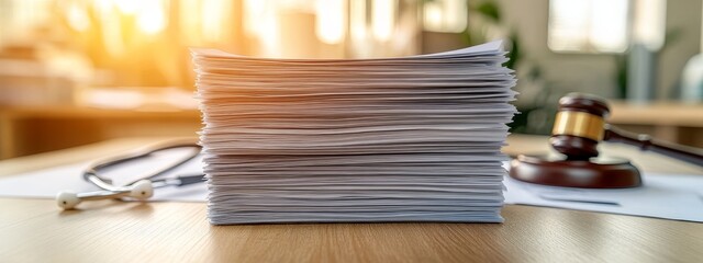 Stack of medical claim documents on legal office desk, gavel and stethoscope nearby, healthcare claims processing