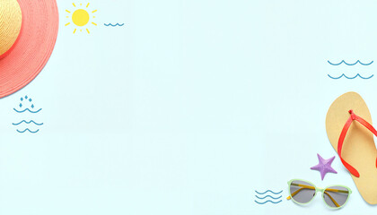 Summer beach accessories including hat, flip flops, and sunglasses  