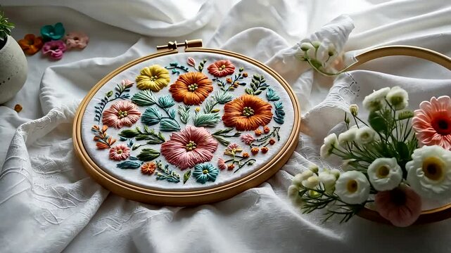 Handcrafted Floral Embroidery on White Fabric with Colorful Threads and Fresh Flowers Nearby