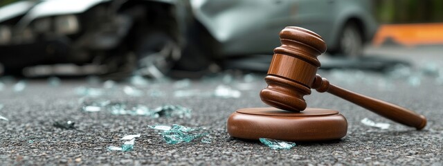 Wooden judge’s gavel on asphalt, shattered glass with damaged car background, traffic accident legal authority